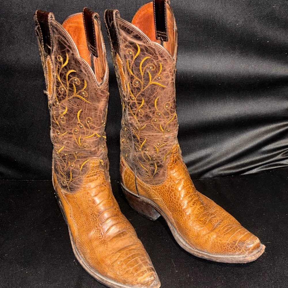 Lucchese Tan and Brown Western Boots with Gold Embroidery 6.5B